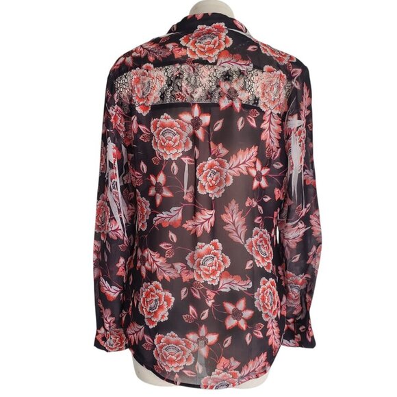 GUESS Nira Chiffon Semi Sheer Floral Rhinestone Detail Long Sleeve Button Down S - Picture 5 of 15